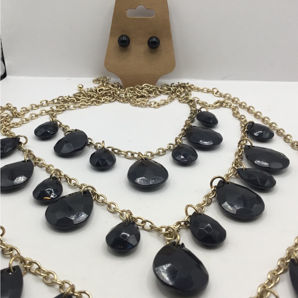 Vintage Jewelry Set. Necklace Gold/3 Layer Black Beads & Black Button Earrings
